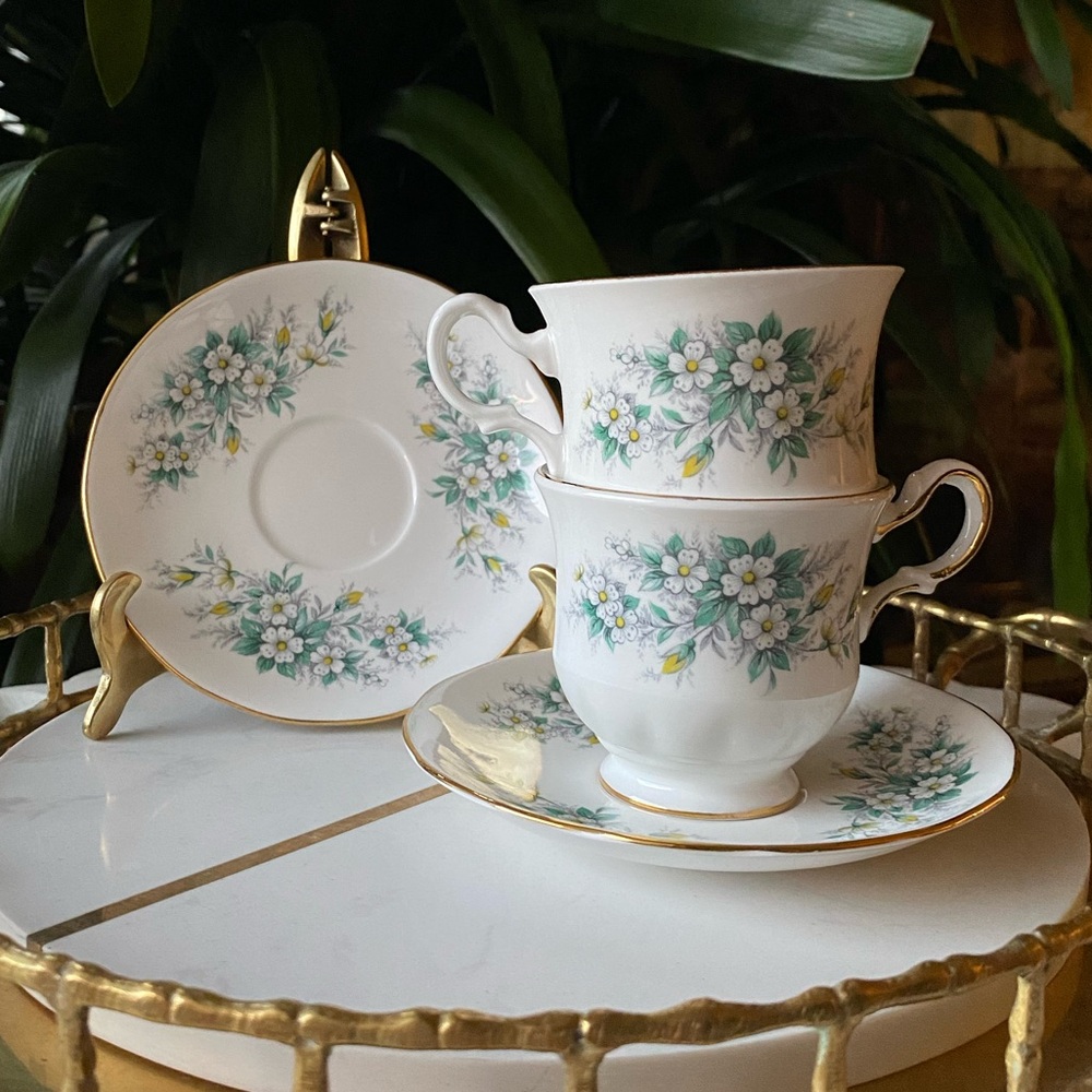 1960’s Pair of Queen Anne 8564 Floral Teacups + Saucers - Vintage Bone China Set